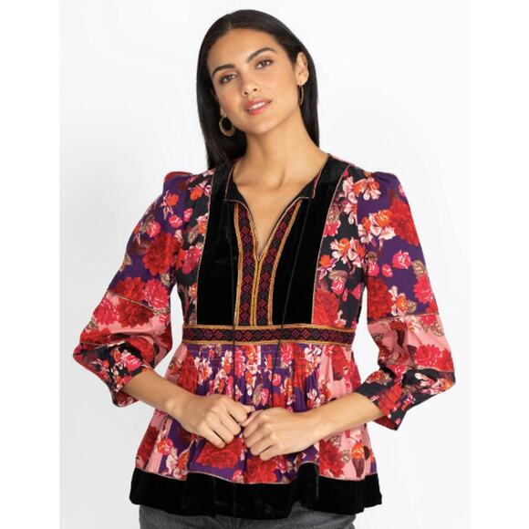 Johnny Was Kimmy Floral V-Neck Peasant Top Shirt Blouse Size Large - Picture 2 of 8